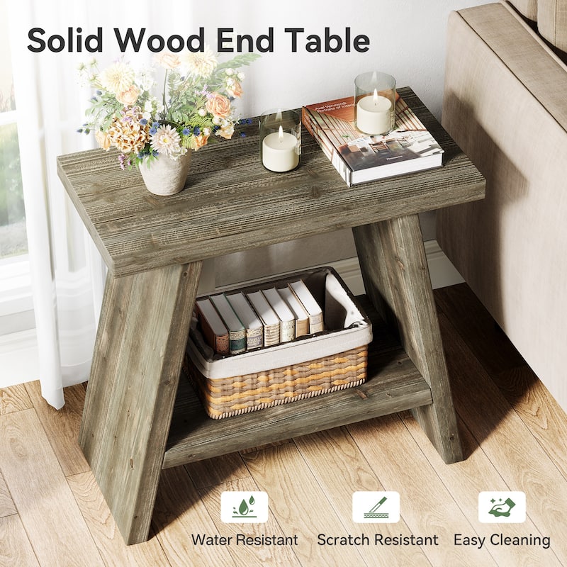Solid Wood 2-tier Narrow Side End Table for Living Room - 11.81"D x 23.62"W x 23.62"H