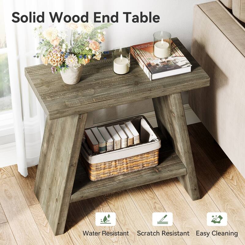 Solid Wood Farmhouse Side Table with 2-tier Storage Shelf