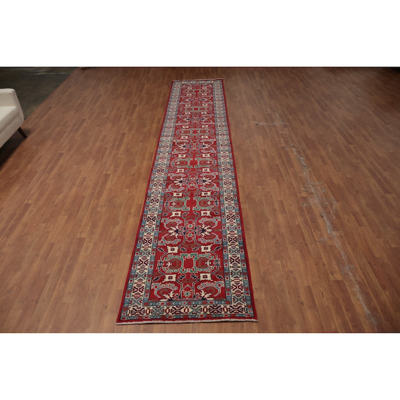 Hand Knotted Oriental 100% Wool Carpet Traditional Geometric Red Heriz (serapi) Runner Rug - 15' 10'' X 3' 0''