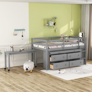 Gray Solid Wood Loft Bed with Writing Desk, Side Desk, Drawers, Shelves