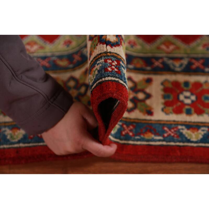 Geometric Kazak Foyer Rug Handmade Red Wool Carpet - 2'9"x 3'11"
