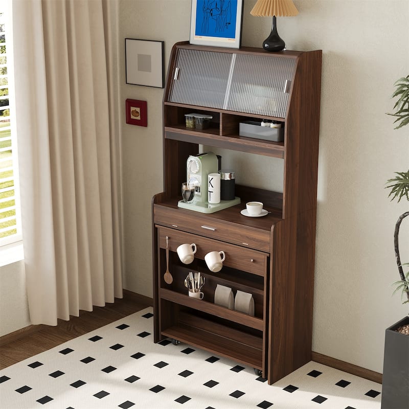 Compact Dining Table with Hutch and Foldable Buffet, Storage Shelf & Side Hooks