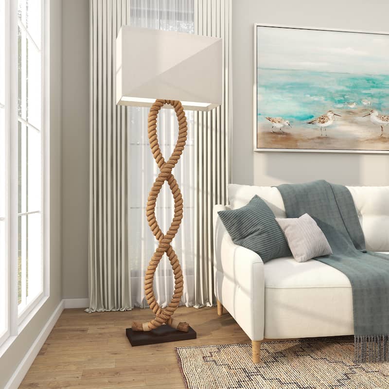 Brown Jute Rope Twisted Rope Room Floor or Table Lamp with Cream Linen Shade