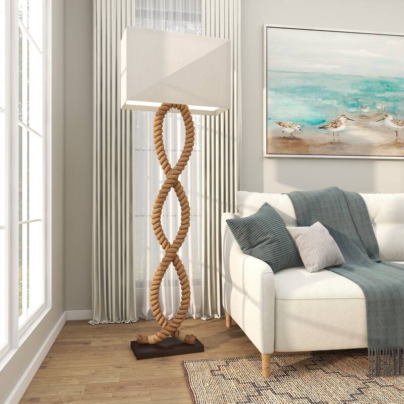 Jute Rope Rope Room Floor Lamp with Linen Shade - Brown - Roche River Decor