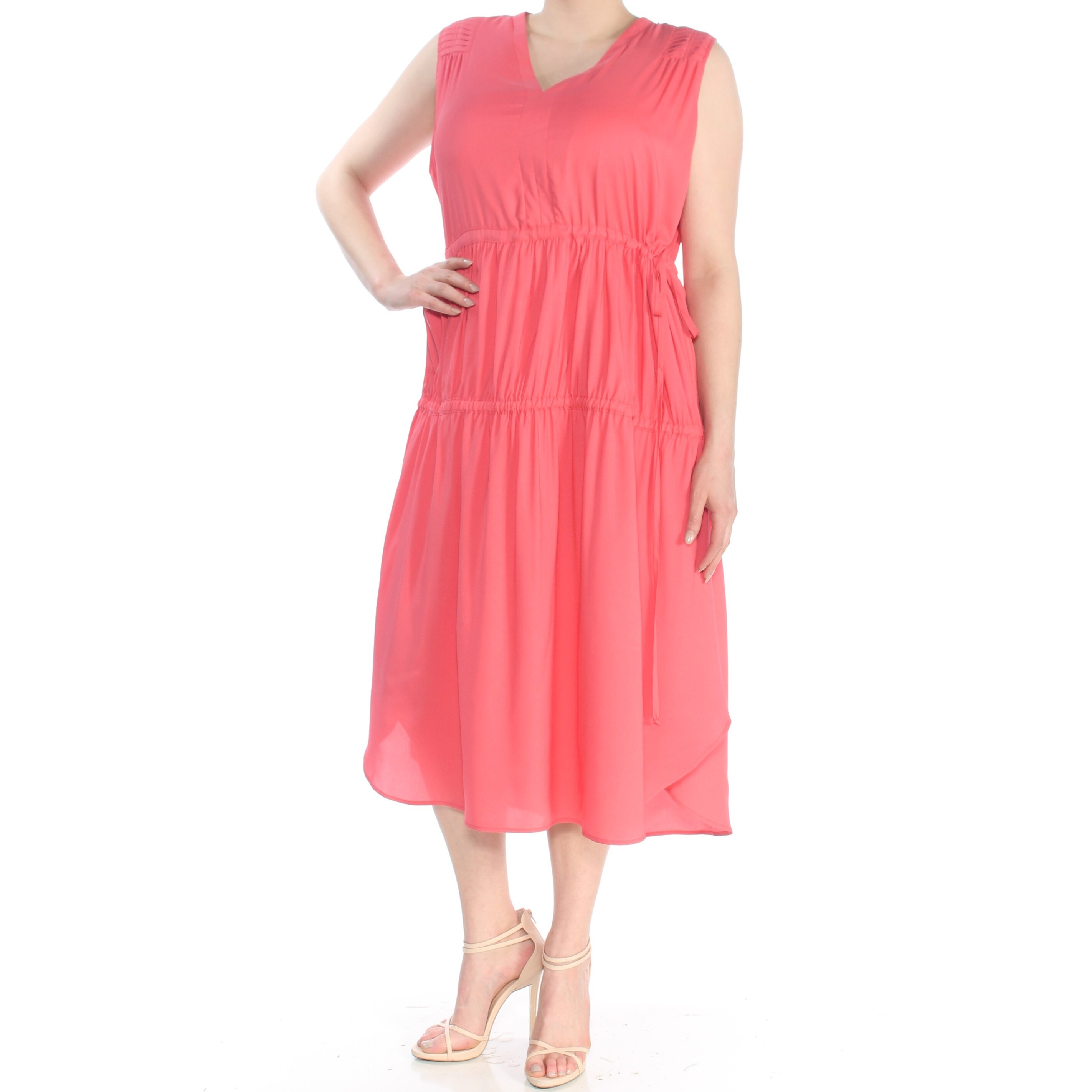 Shop Dkny Womens Coral Sleeveless V Neck Midi Drop Waist Formal