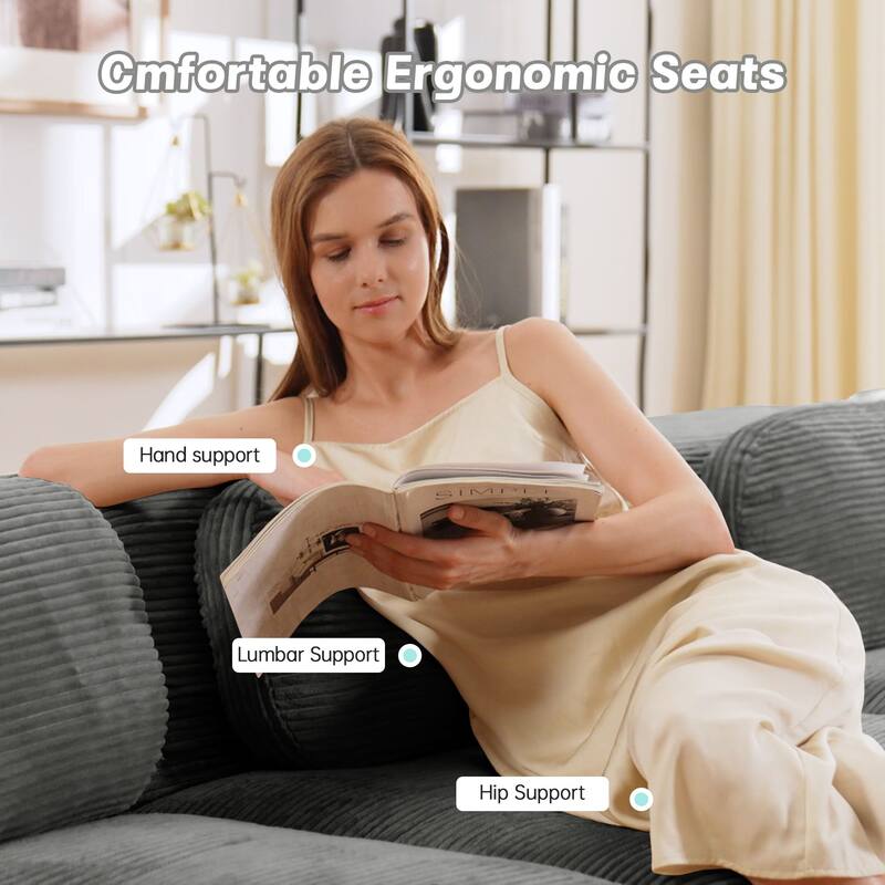 Rossetta 82'' Simplified Anti-Slip Style L-shaped Premium Corduroy Fabric Modular Loveseat Sofa with Curved Armrests, 1 Ottoman