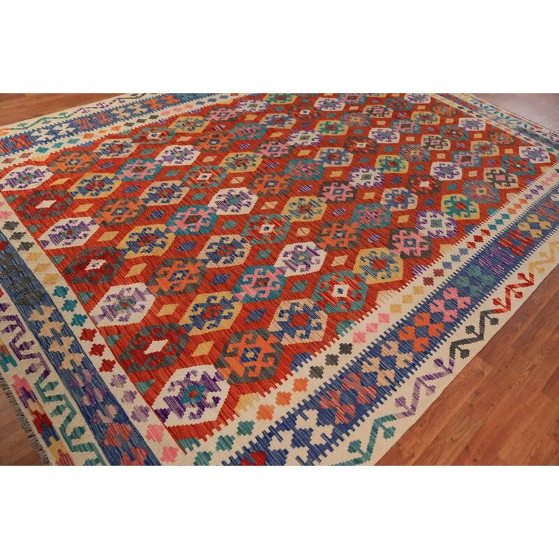 All-Over Geometric Kilim Oriental Area Rug Hand-Woven Wool Carpet - 8'5"x 11'11"