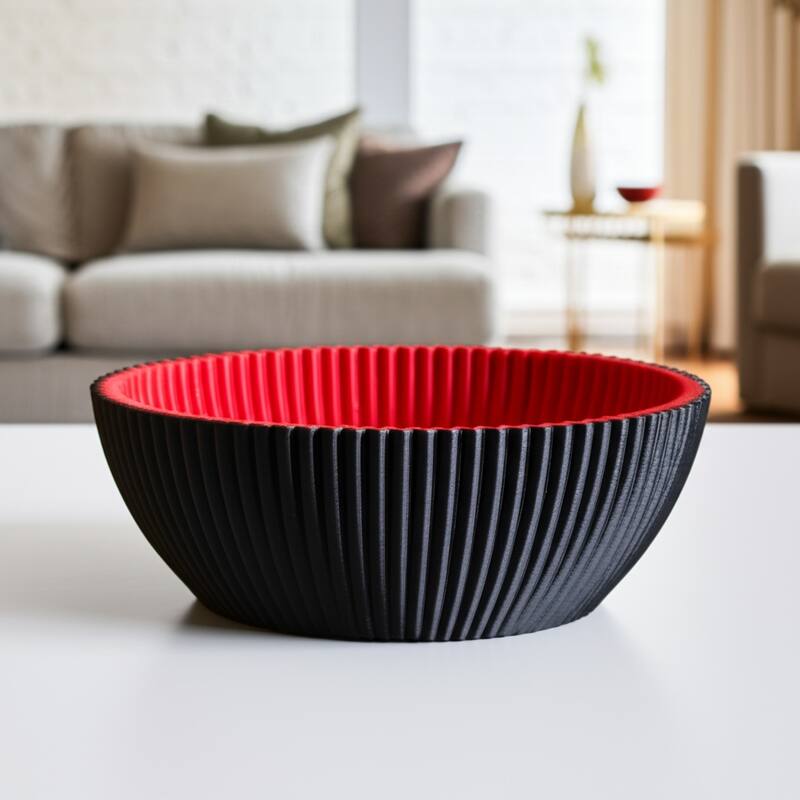 Porcelain Bowl Ribbed Texture Modern Two-Tone Design - 4" Black - 12" x 12" x 4"