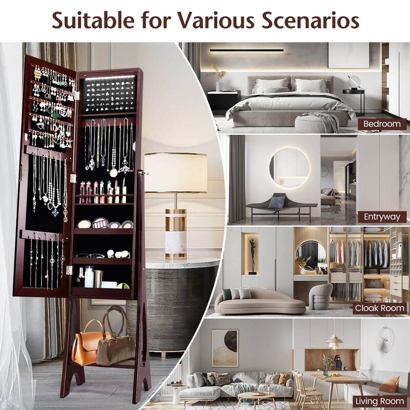 Freestanding Jewelry Cabinet Armoire Organizer with 5 Lined Shelves and Full Size Mirror - 14.5" x 13.5" x 61" (L x W x H)