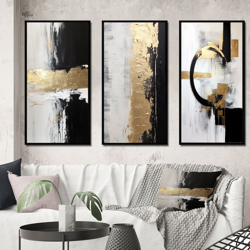 Designart "Horizontal Dimensions Abstract Gold Black" Abstract Painting Frame Gallery Set Of 3 For Office Decor - 38 in. wide x 20 in. high - 3 Panels - Black