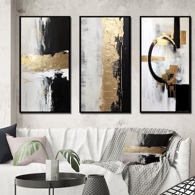 Designart "Horizontal Dimensions Abstract Gold Black" Abstract Painting Frame Gallery Set Of 3 For Office Decor