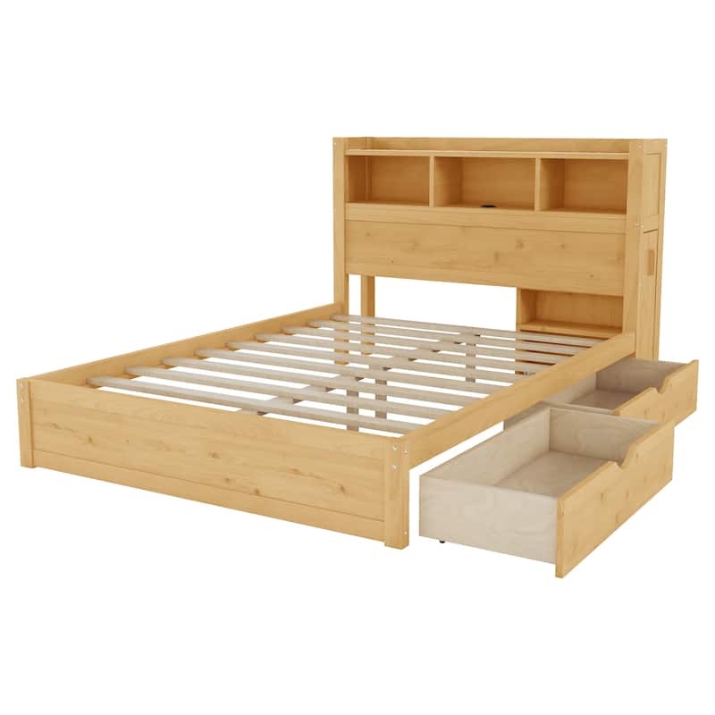 Platform Bed with Storage Headboard Pull Out Storage Cabinet, Bookcase Bed with Drawers, Wood Wingback Bed with Light and Socket