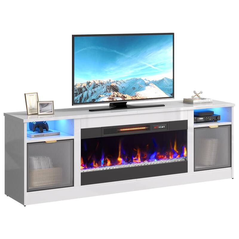 Bestier 71 in. Freestanding Fireplace TV Stand for TVs Up to 80 in. with Ample Storage in Glossy - 22.83hx71wx15.75d