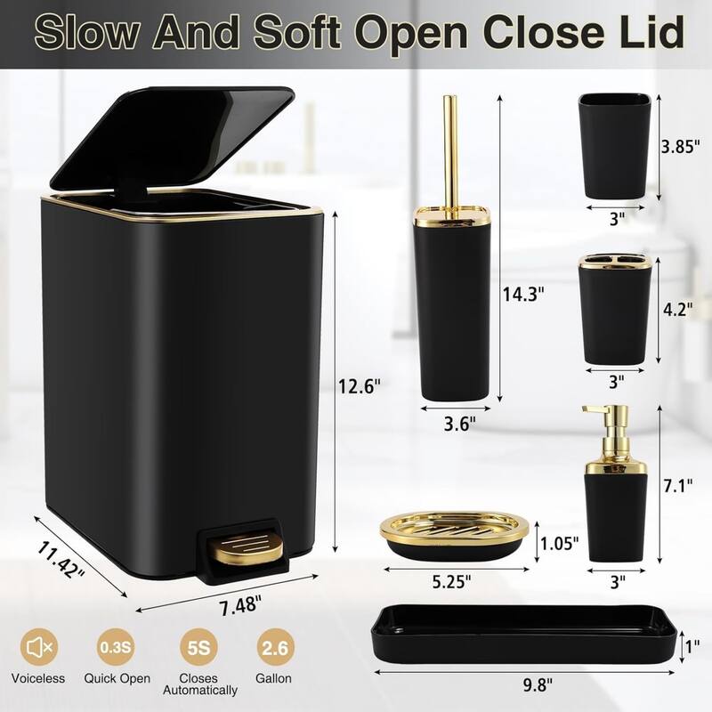 8-piece bathroom set with stainless steel trash can, toilet brush, toothbrush set, soap dispenser