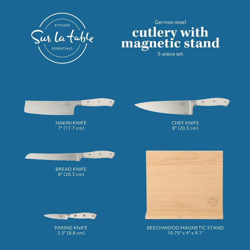 Sur La Table Kitchen Essentials 5 Piece German Steel Blade With Triple Riveted Handle Set on Beechwood Magentic Block
