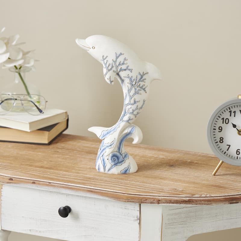 Polystone Animal Curved Decorative Sculpture with Blue Coral Patterns - White - Roche River Decor
