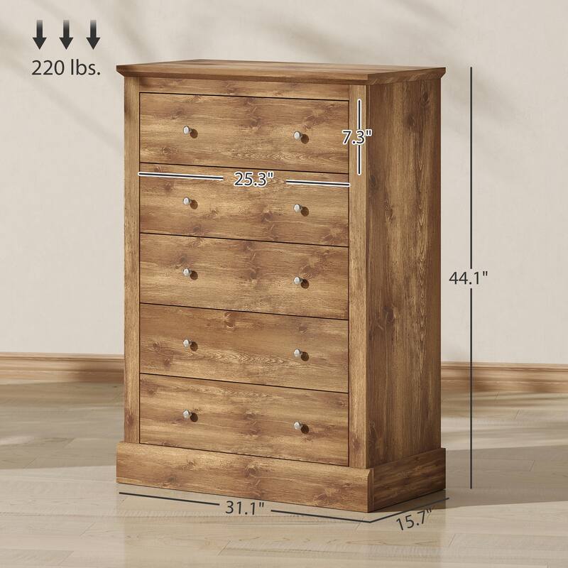 Classic Farmhouse 5-Drawer Dresser Particleboard & MDF Chest with Spacious Storage and Rustic Design
