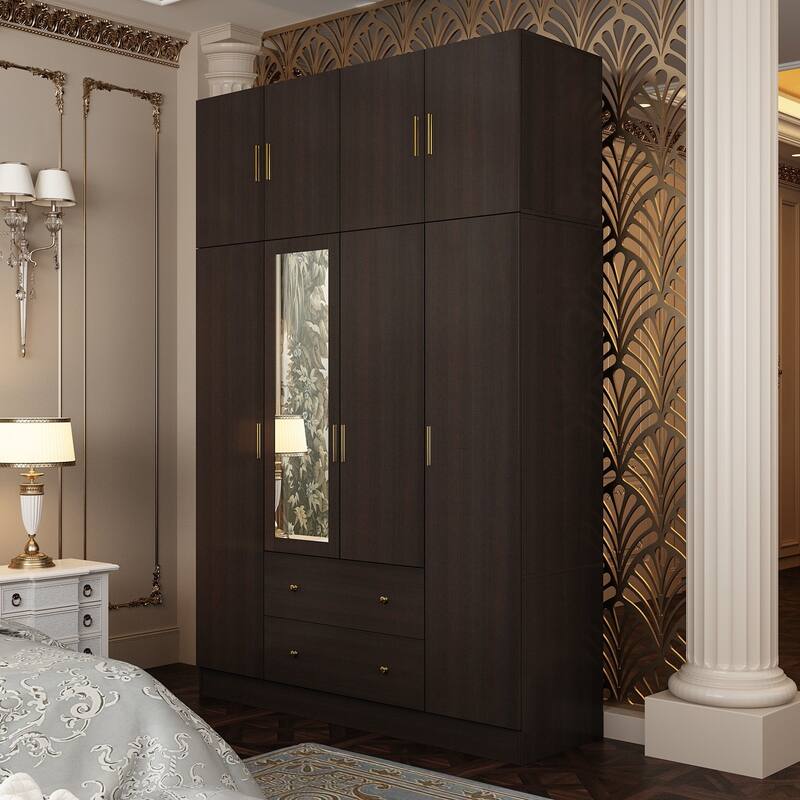 4 Door Wardrobe Large Storage Cabinet Armoire with Mirror and 2 Drawer