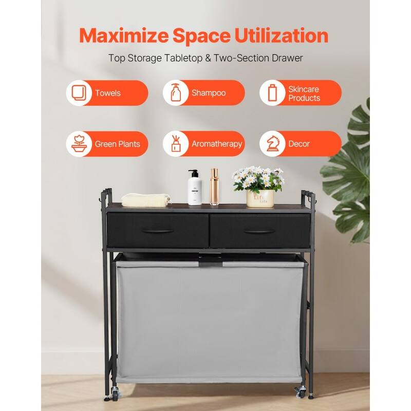 Black Laundry Hamper with 3 Removable Bags, 2 Drawers and Top Shelf for Bathroom or Bedroom - 32.68 x 12.60 x 31.89 in