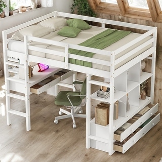 White Full Size Loft Bed with Built-in Desk,Drawers,Cabinets and Storage Shelves for Space-Saving
