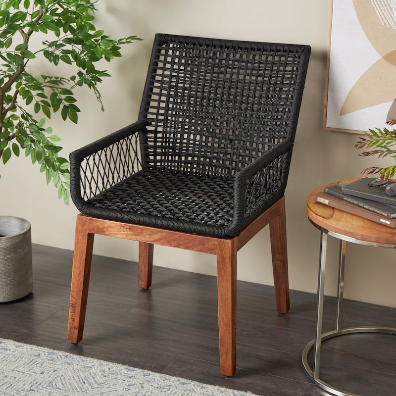 Jute Rope Handmade Woven Accent Chair with Brown Wooden Legs - Black - Roche River Decor