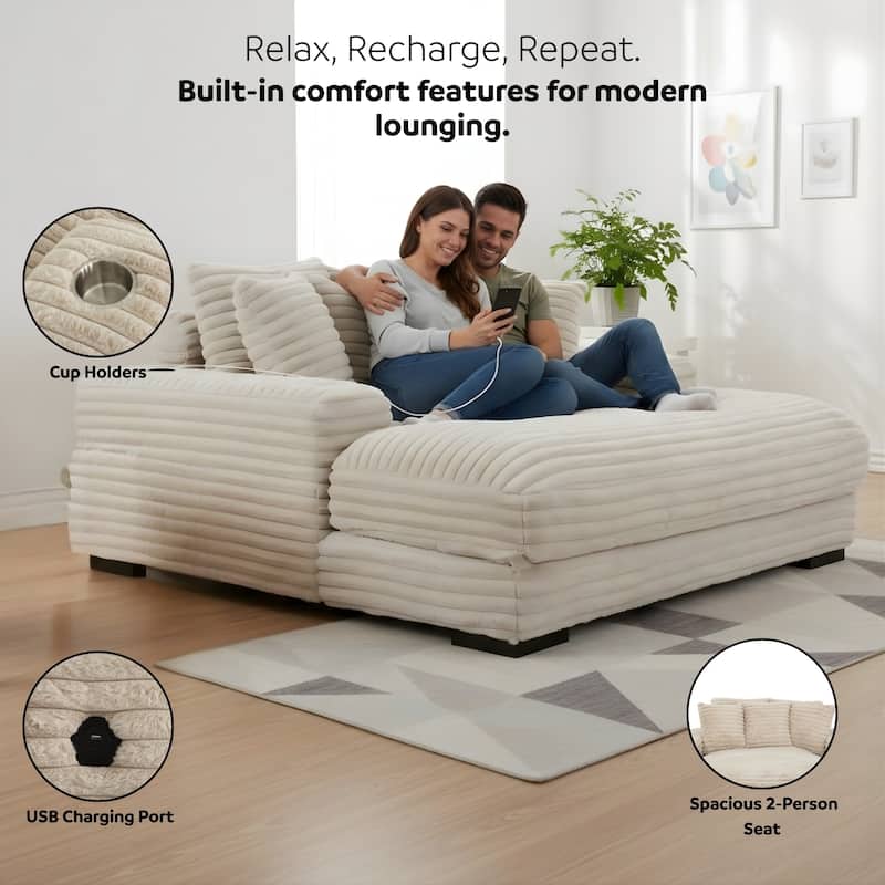 Cocoon Faux Fur Corduroy Oversized Chaise Lounge with Cupholders and USB/USB-C