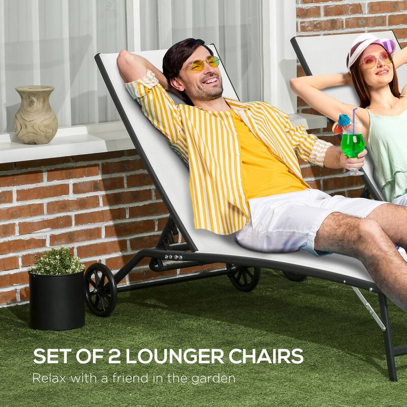 Outsunny Patio Chaise Lounge Chair Set of 2, 2 Piece Outdoor Recliner with Wheels, 5 Level Adjustable Backrest