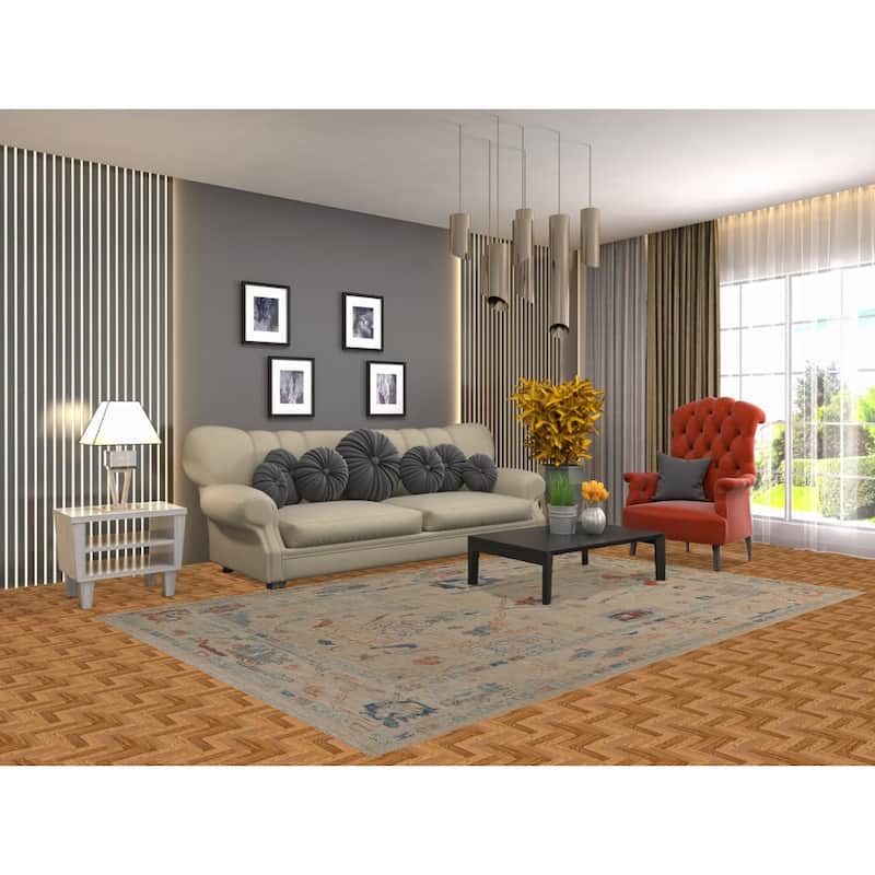 Vegetable Dye Oushak Turkish Rug Hand-Knotted Beige Wool Carpet - 5'11" x 9'0"