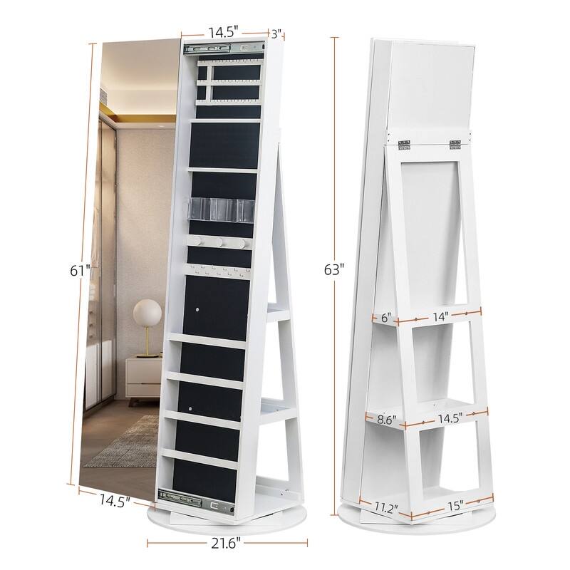 White Mirror Storage Cabinet 5 Shelves Rotatable