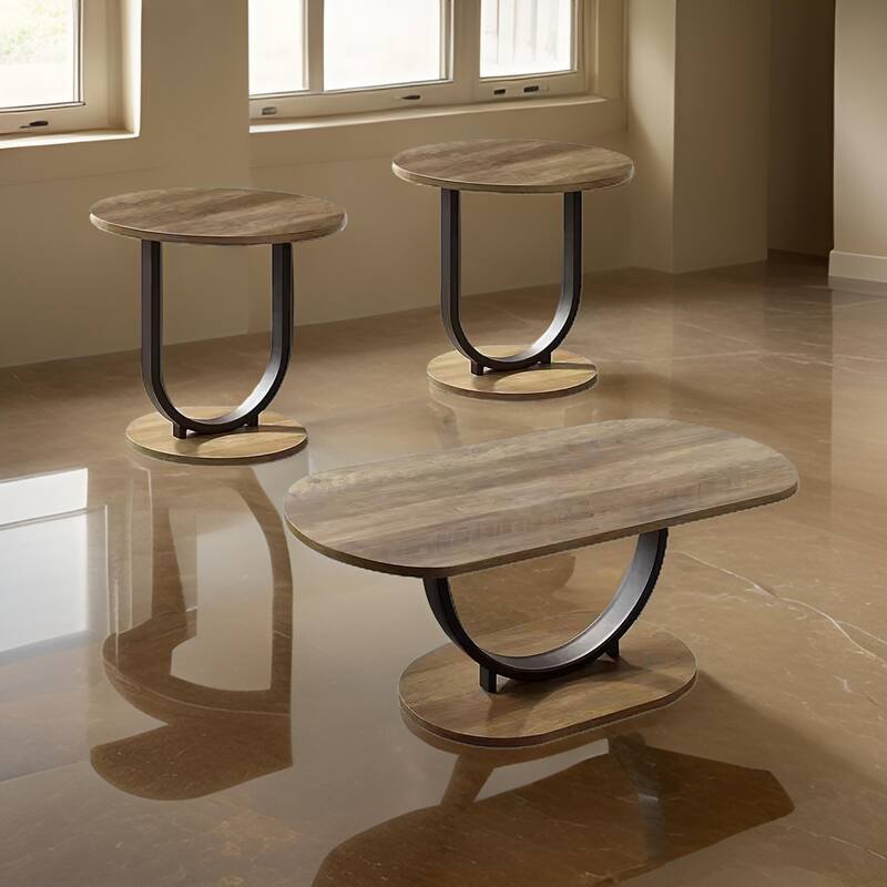 Obin 3 Piece Coffee and End Table Set, Brown MDF, Black U Shape Steel Base