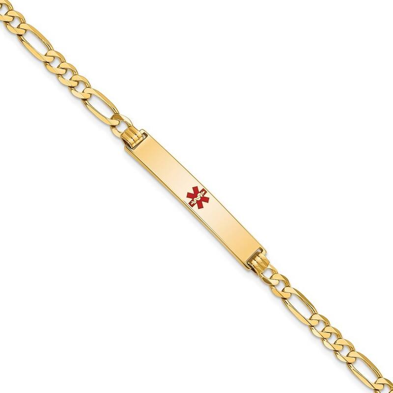 Curata 14k Yellow Gold 6.3mm Engravable Medical Red Enamel Flat Figaro Link ID Bracelet