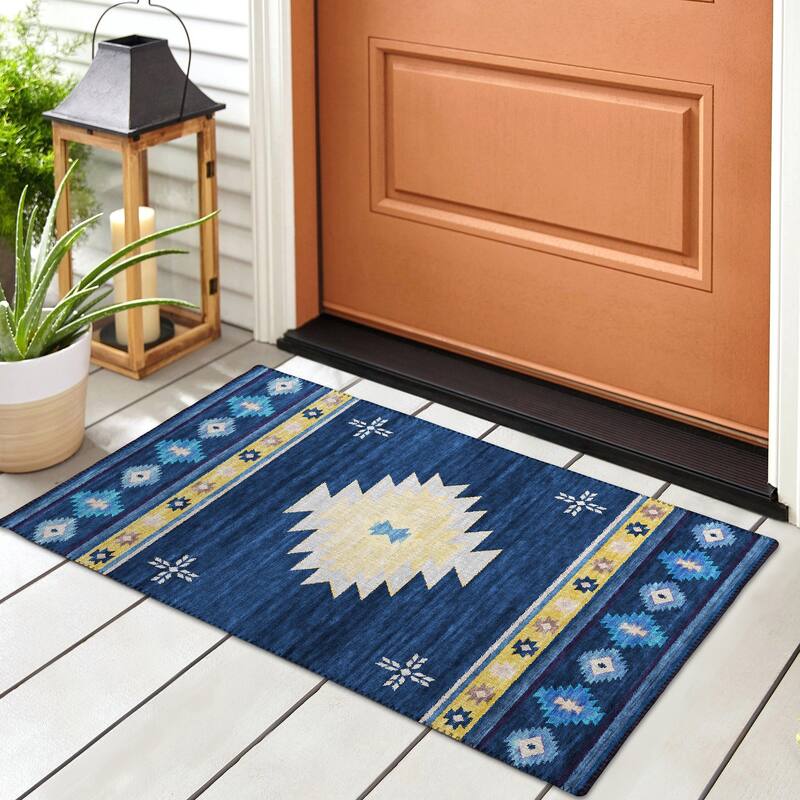 Indoor/ Outdoor Sonora Global Traditional Washable Rug - 1'8" x 2'6" - Blue