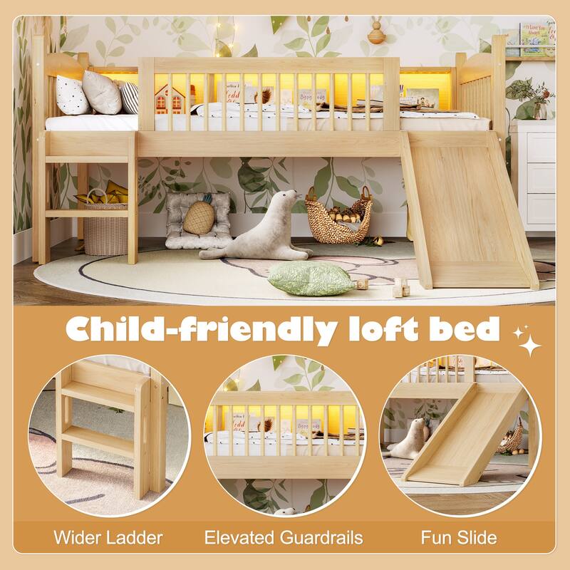 Twin XL Loft Bed with Storage Shelves, LED Lights & Guardrails