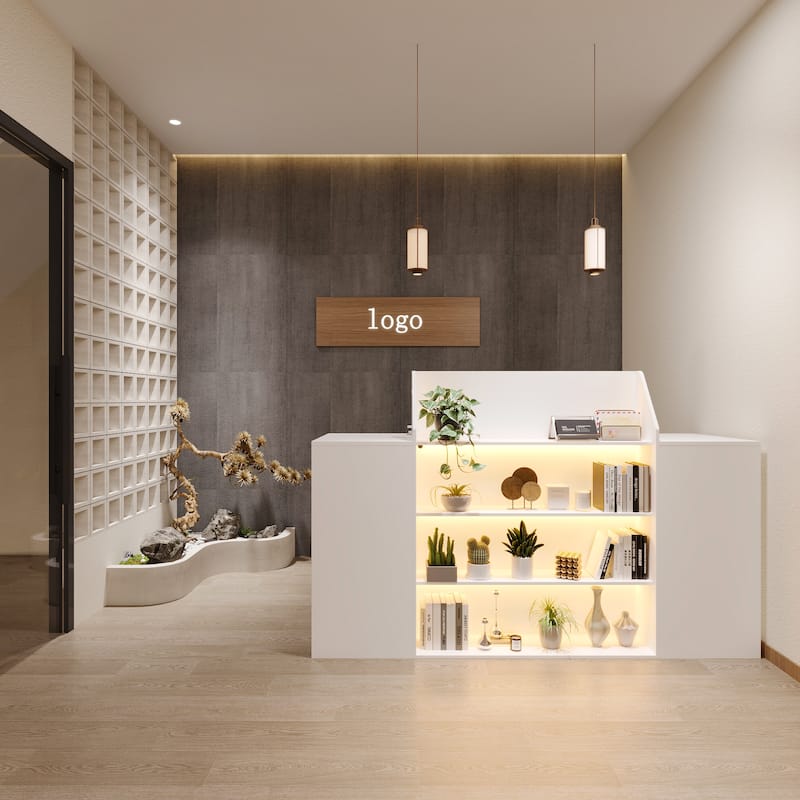 Reception Desk Checkout Counter with LED Display Shelves, Locking Drawer and Storage Cabinets