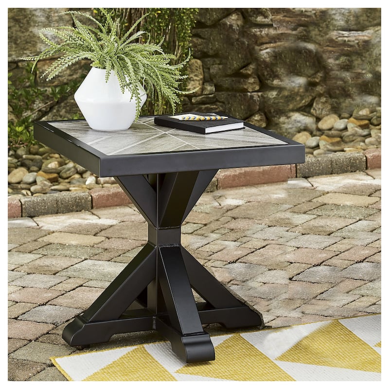 Beachcroft Outdoor Square End Table with Porcelain Top - 22.25" W x 22.25" D x 22.25" H - Black/Light Gray