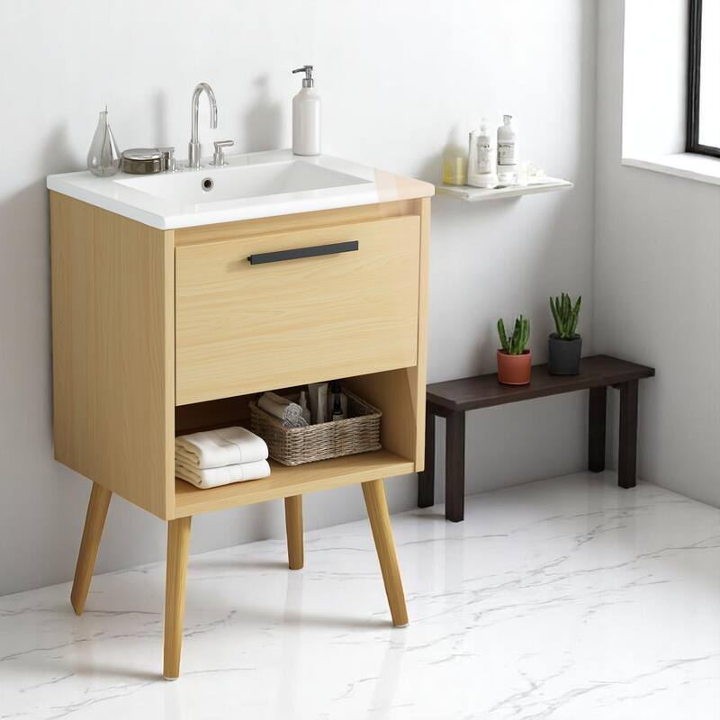 24" Freestanding Bathroom Vanity with Sink Combo, Solid Wood Legs, Multi-Functional Drawer, Natural Finish