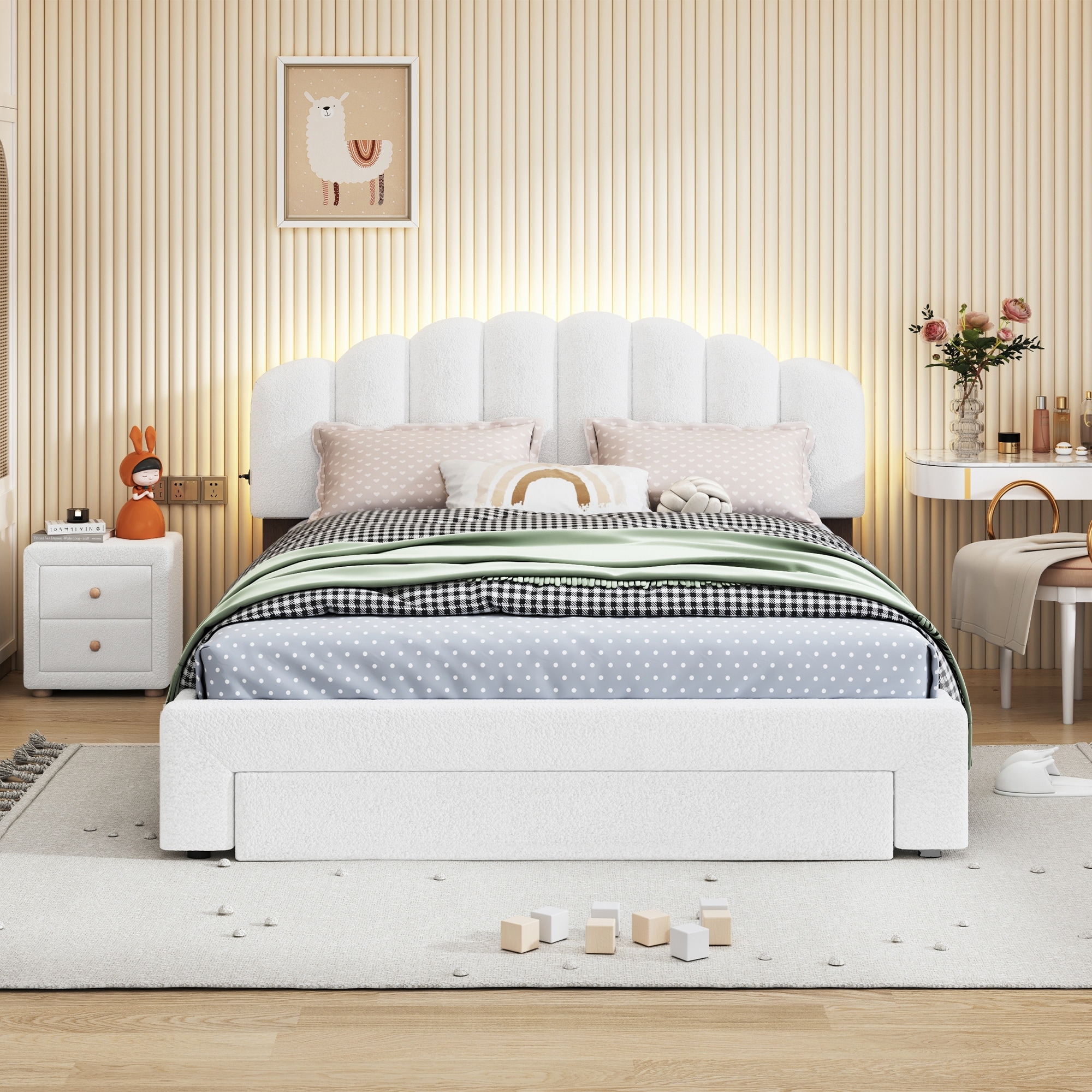White Teddy Fleece Upholstered Queen Bed Frame w Drawers