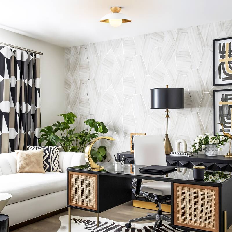 14.5 in. 1-Light Black/White Finish Wood Gold Leaf Dome Semi-Flush Mount Light with Opal Glass Globe