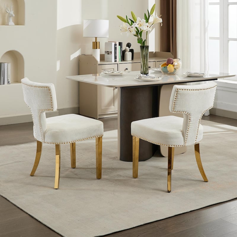 Chenille Upholstered Dining Chair Set of 2, Accent Chair with Curved Back, Kitchen Chair with Stainless Steel Plating Legs