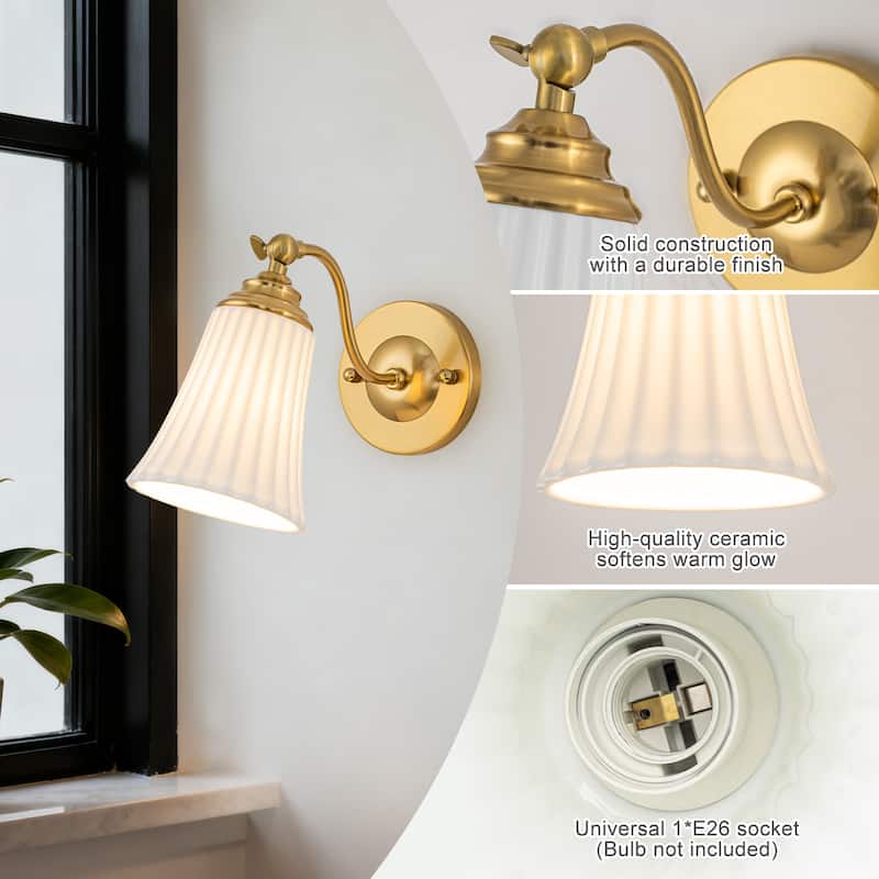 Modern Gold Wall Sconce with Fluted Ceramic Bell Shade Bathroom
