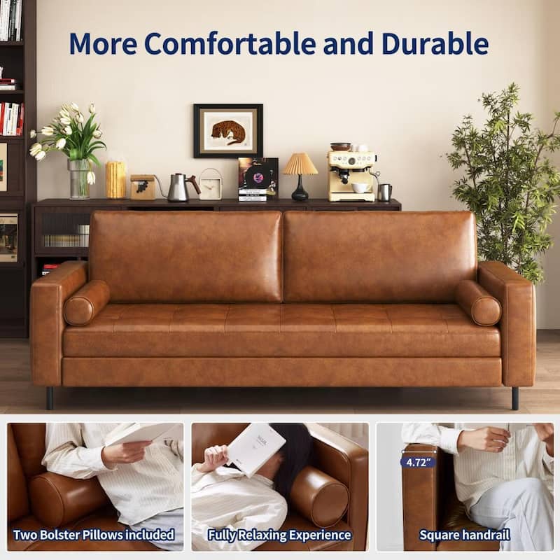 Mid-Century Modern Brown Faux Leather Sofa – 3-Seater Upholstered Couch with Bolster Pillows, Tufted Seat, and Solid Wood Frame