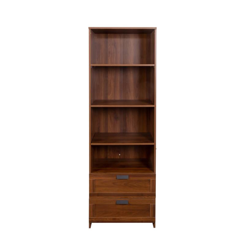 71" Tall Bookshelf with 2 Drawers & 4 Open Shelves, Modern Wood Bookcase with Storage Cabinet, Freestanding Display Bookshelves