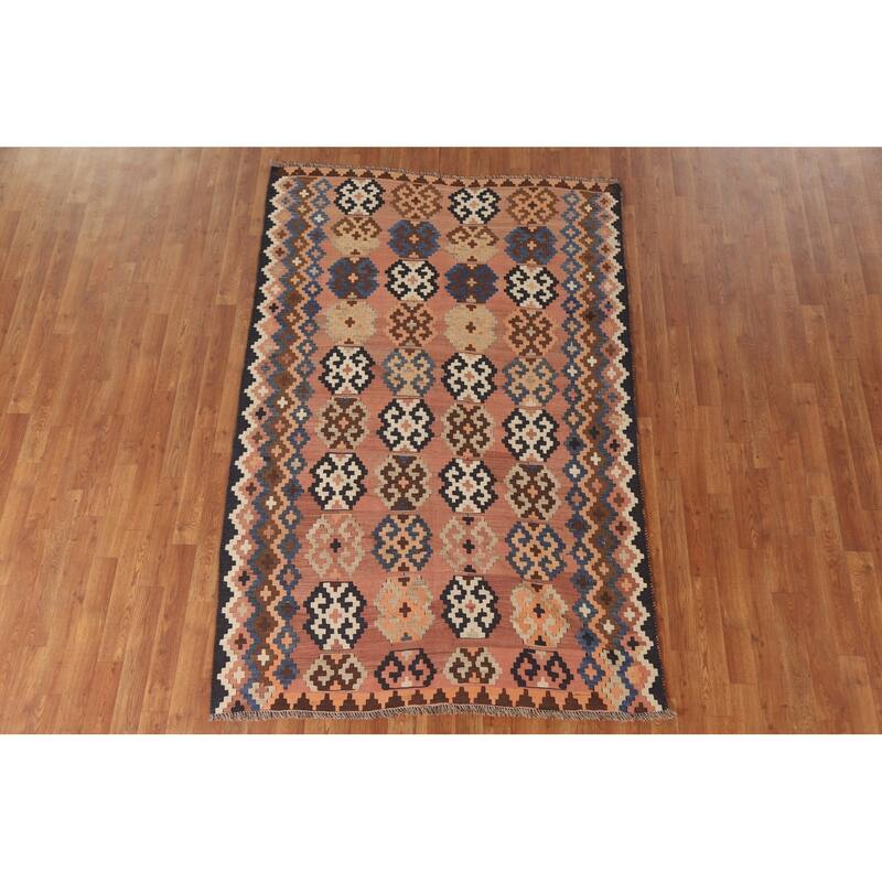 Geometric Kilim Qashqai Persian Vintage Area Rug Flatweave Wool Carpet - 4'8"x 7'3"