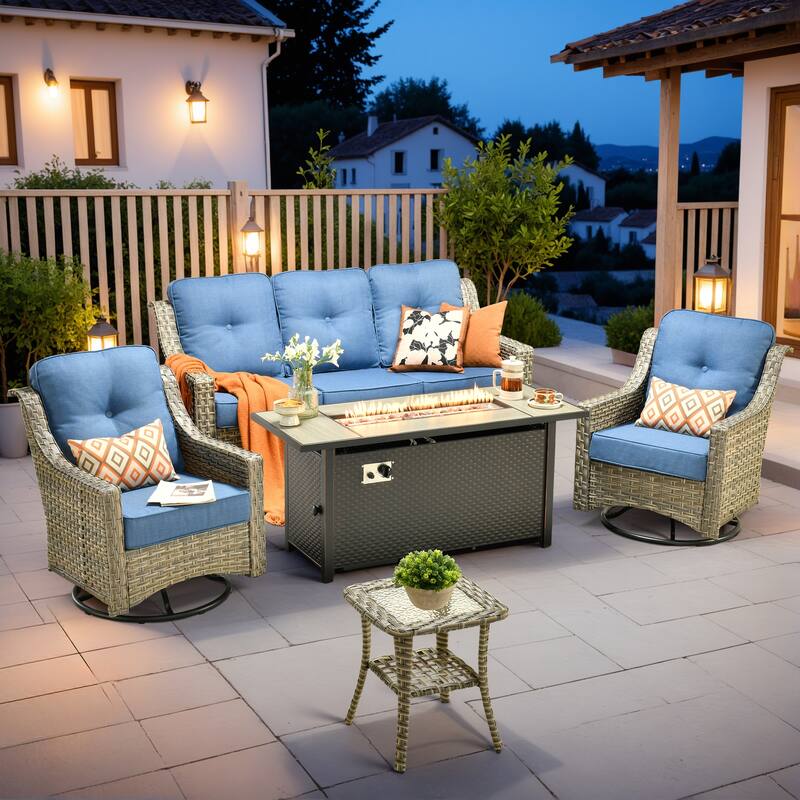 XIZZI 5-Piece Wicker Patio Furniture Set with Sofa, Swivel Chairs & Fire Pit - Diamond Blue