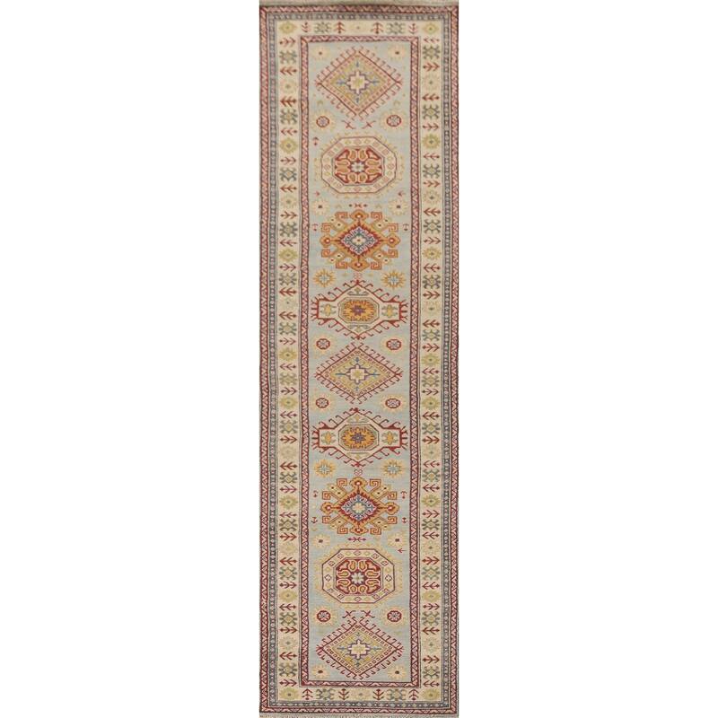 Kazak Runner Rug Handmade Traditional Blue Wool Carpet - 2'9" x 12'11"