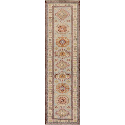 Kazak Runner Rug Handmade Traditional Blue Wool Carpet - 2'9" x 12'11"