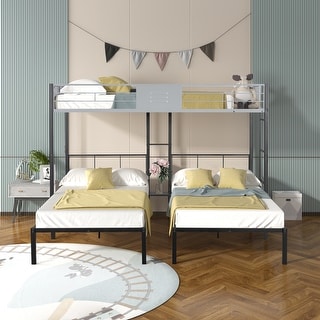 Black Twin Size Steel Triple Bunk Bed with Vent Board, Sturdy Metal Frame, Noise-Free Wood Slats, Separatable into three beds