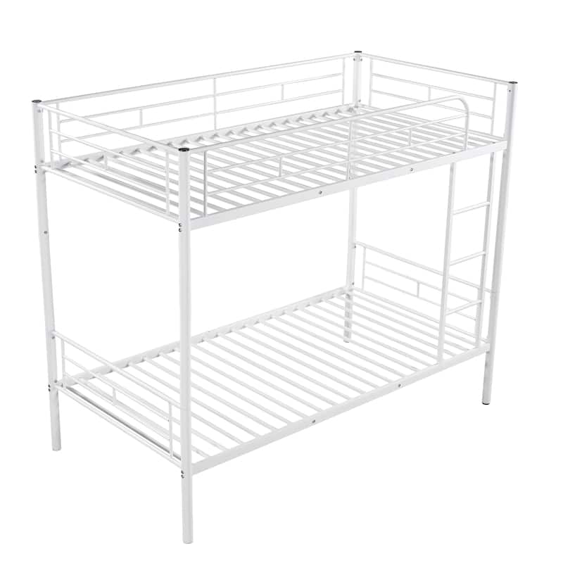 White Twin over Twin Metal Bunk Bed with Fence and Ladder