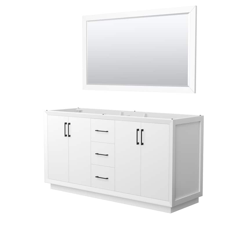 Strada 66-Inch Double Vanity Cabinet, 58-Inch Mirror - White, Matte Black Trim, No Top