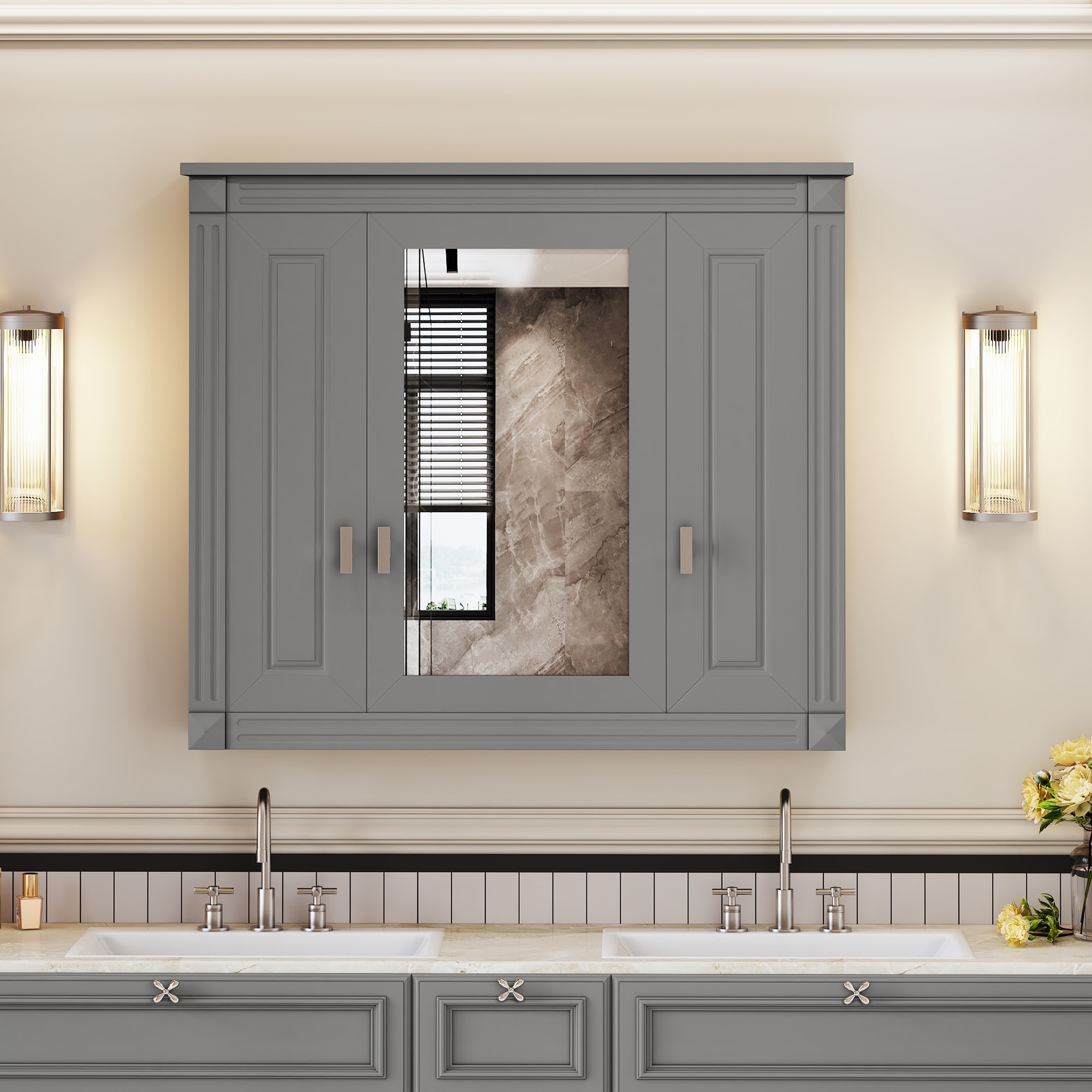 Halston Modern 35" Wall-Mounted Medicine Cabinet with Adjustable Shelves & High-Quality Mirrored Doors by GDFStudio